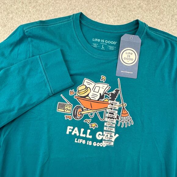 Life is Good Crusher Tee Mens L FALL GUY Mallard Green Crew Neck Long Sleeve NEW - Picture 1 of 12